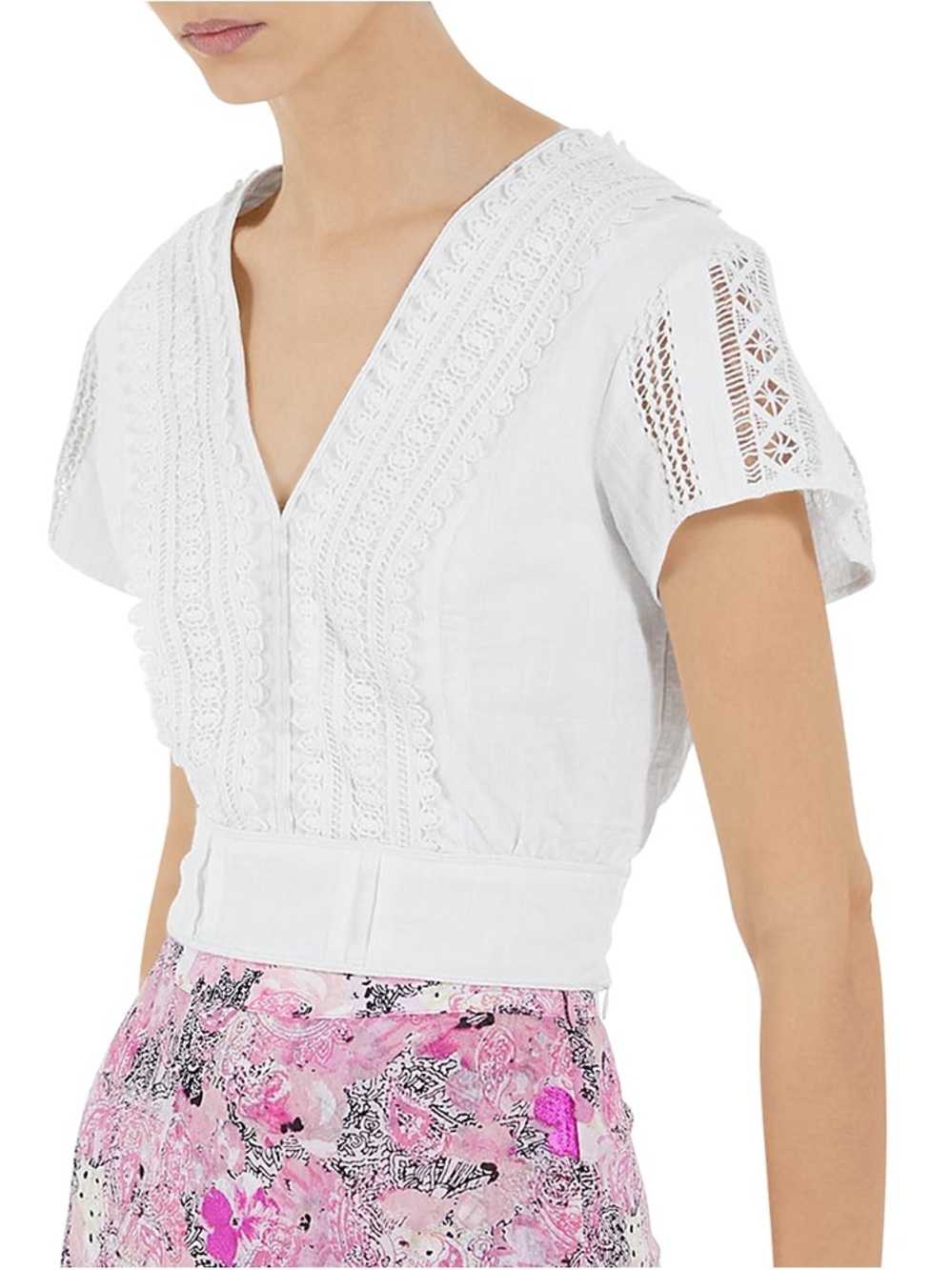 The Kooples White V-Neck Crochet-Trim Cotton Top